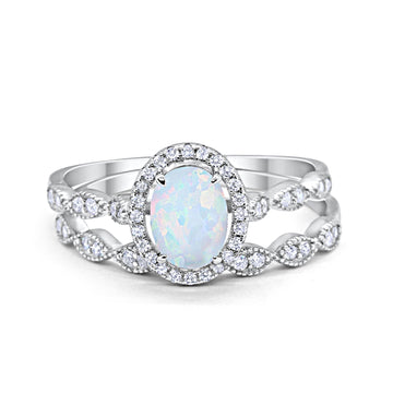 Halo Bridal Set Piece Art Deco Oval Lab Created White Opal Ring 925 Sterling Silver